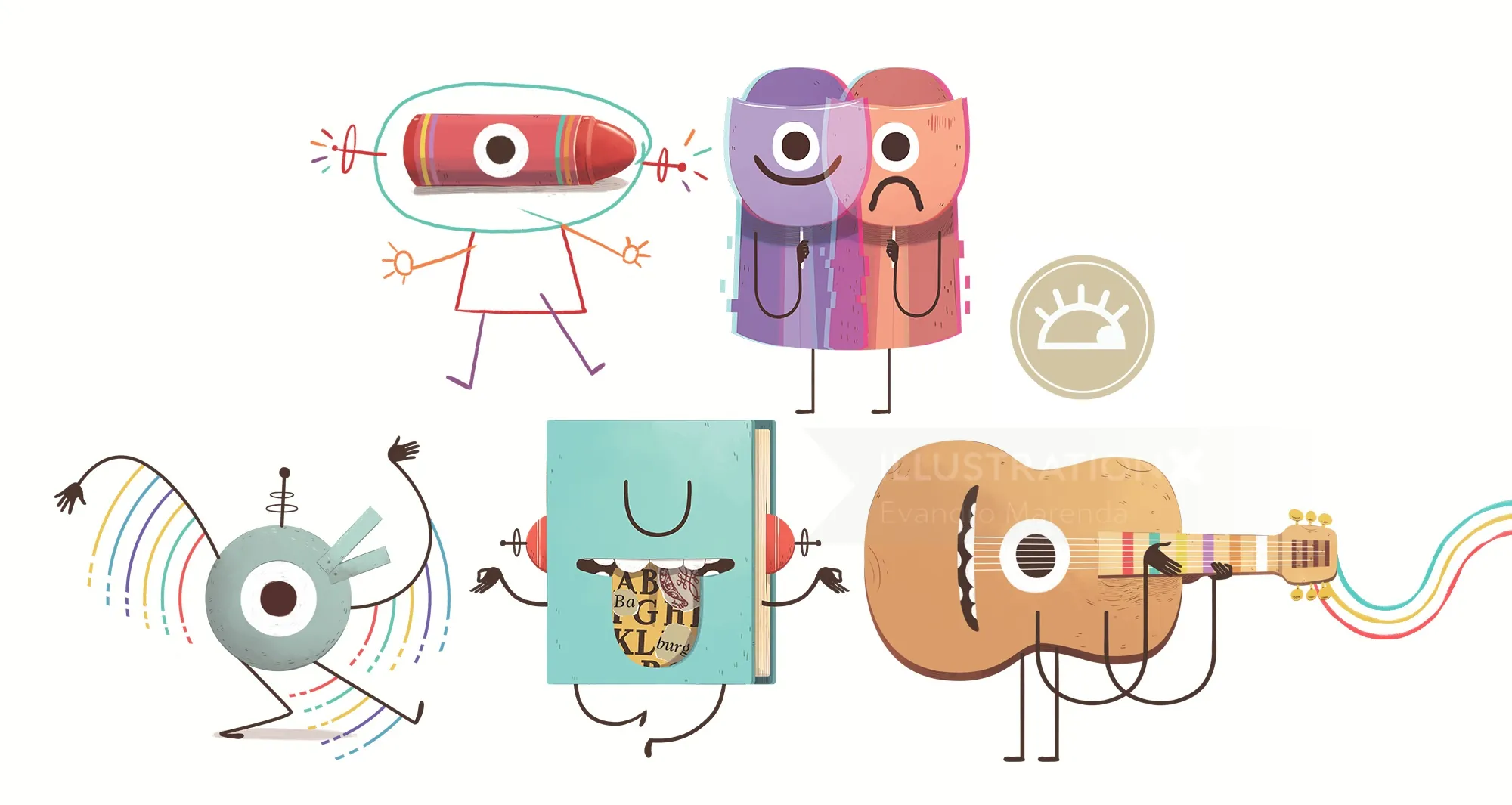 Abstract playful characters playing instruments and dancing with colorful details
