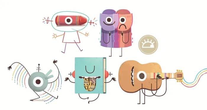 Abstract playful characters playing instruments and dancing with colorful details