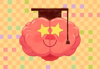Smiling brain with graduation cap and star-shaped eyes illustration
