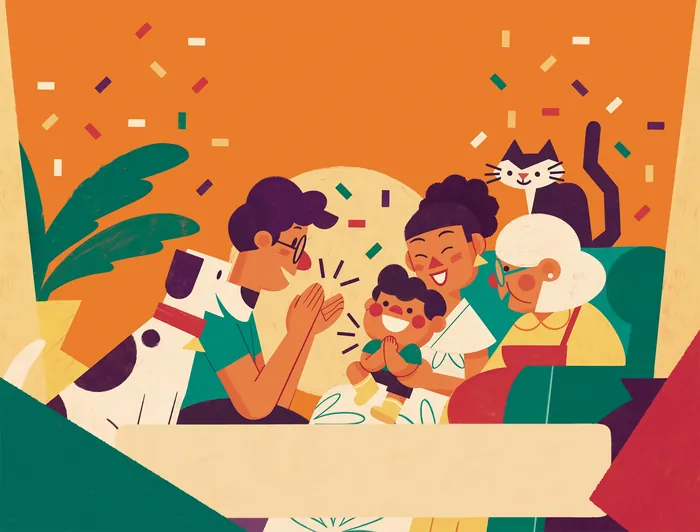 Illustration of a happy family with baby, dog, cat, and grandparents