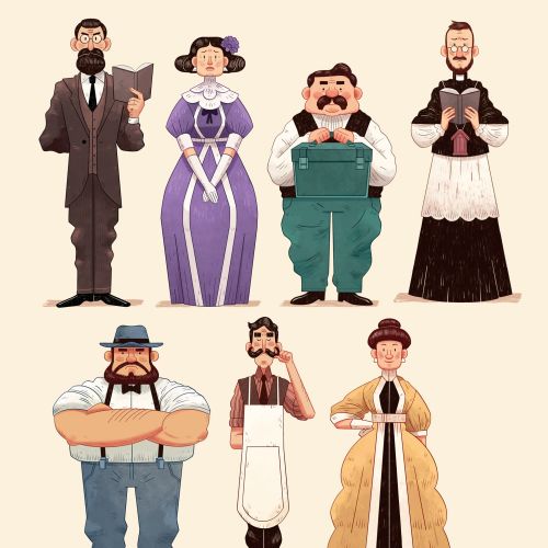 Seven vintage cartoon characters in period costumes and work uniforms