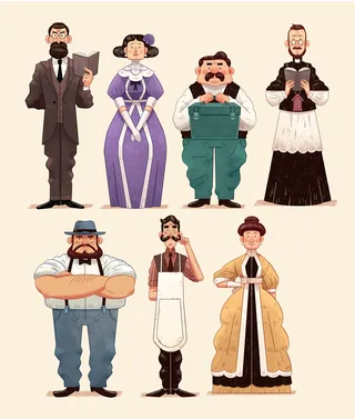 Seven vintage cartoon characters in period costumes and work uniforms