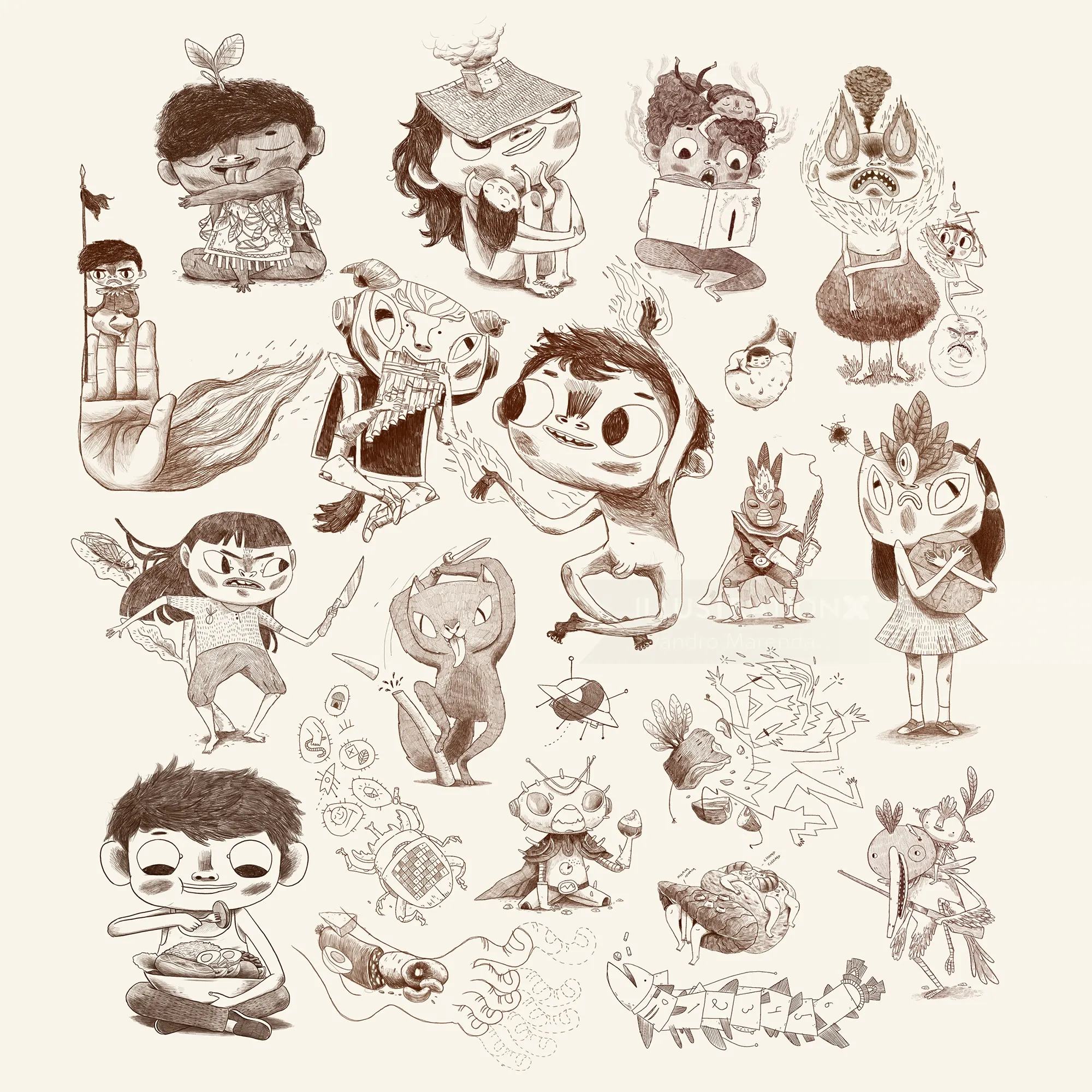 Sepia cartoon characters and whimsical creatures in different poses
