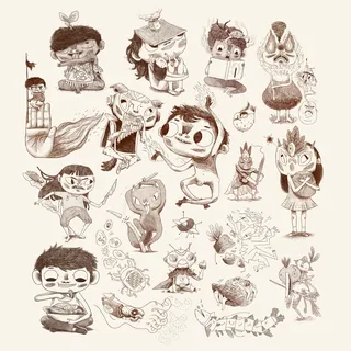 Sepia cartoon characters and whimsical creatures in different poses