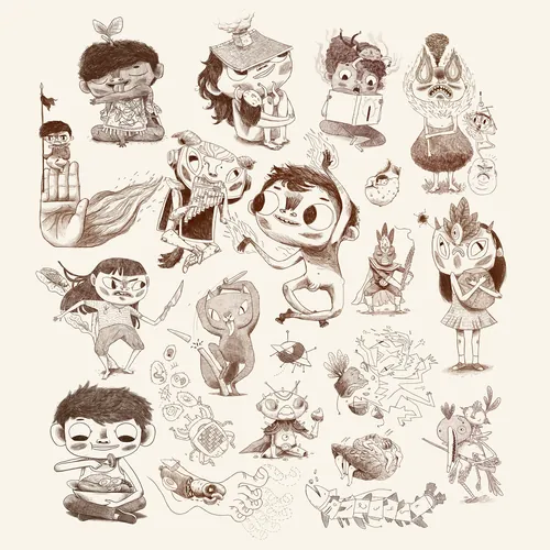 Sepia cartoon characters and whimsical creatures in different poses