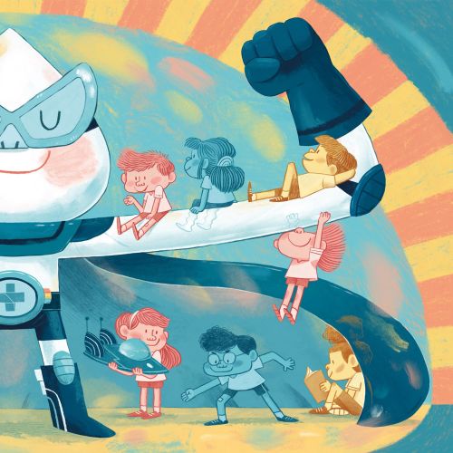 Superhero embracing diverse children including those with disabilities.