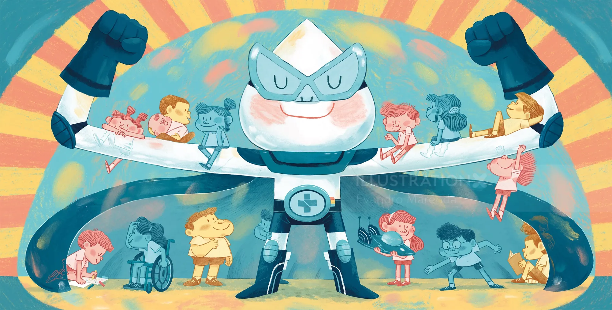 Superhero embracing diverse children including those with disabilities.