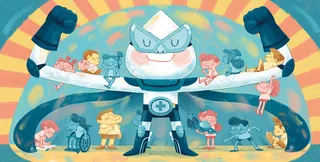Superhero embracing diverse children including those with disabilities.