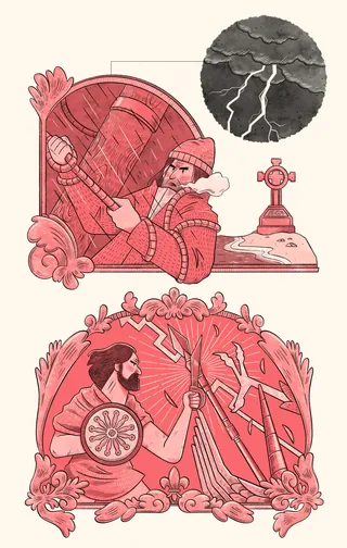 Viking warrior holding shield under stormy sky with lightning