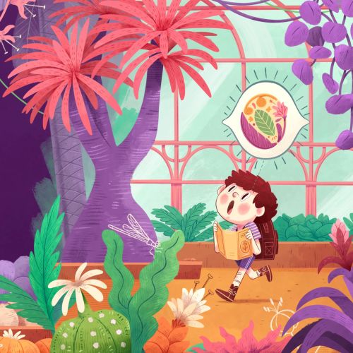 Child with backpack observing colorful plants in a bright indoor garden.