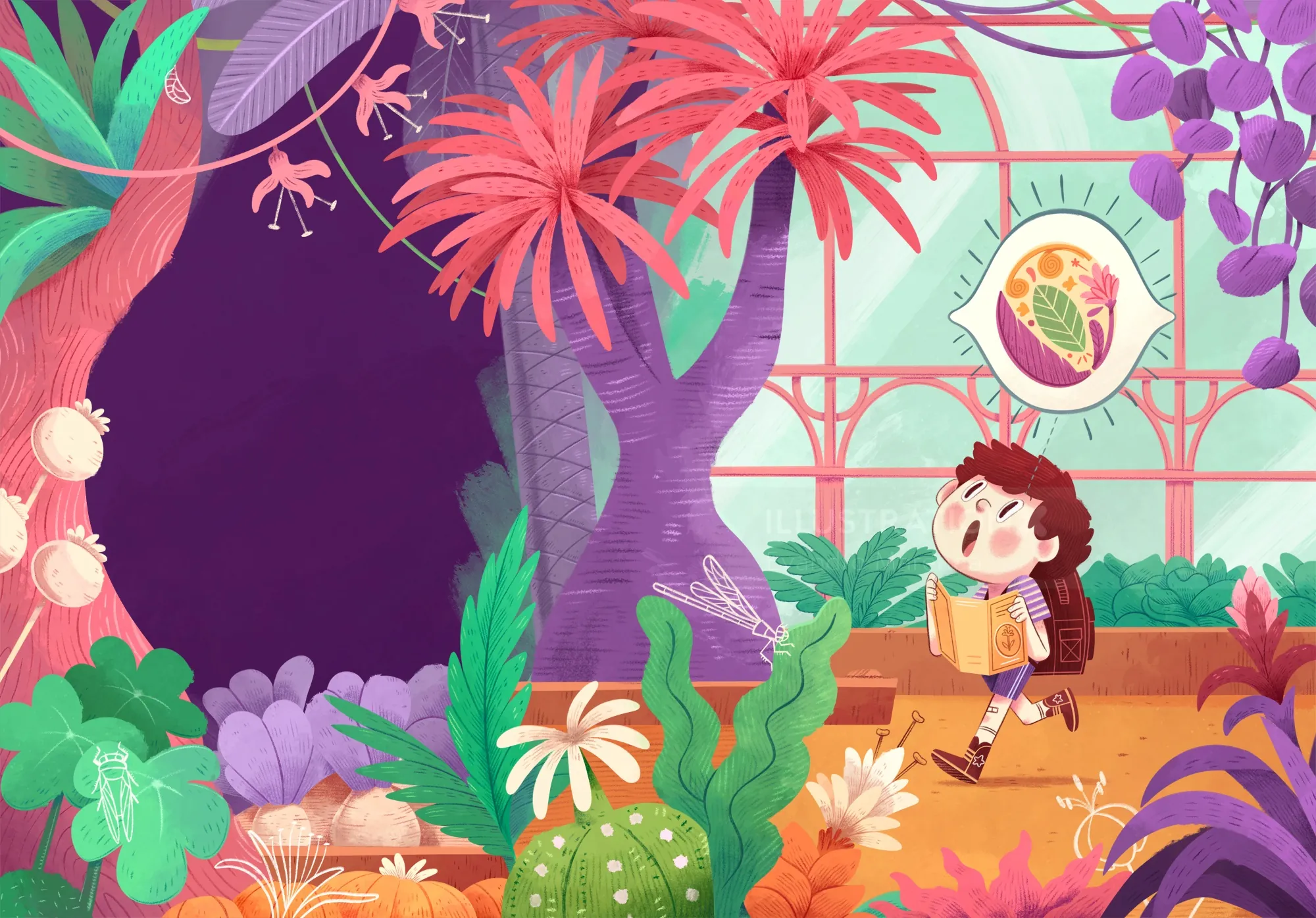 Child with backpack observing colorful plants in a bright indoor garden.