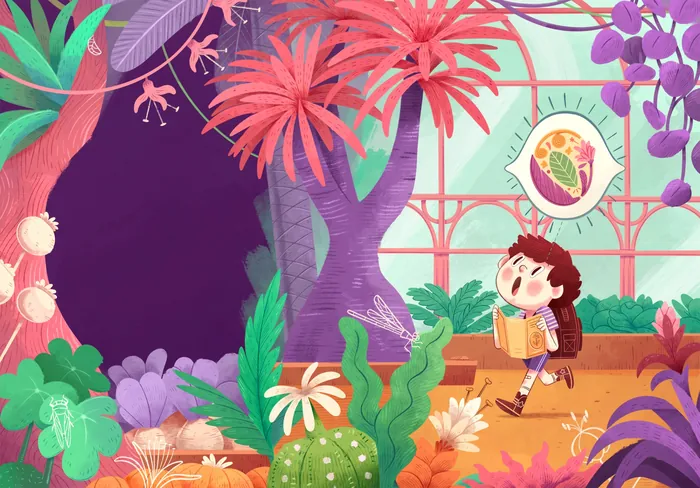 Child with backpack observing colorful plants in a bright indoor garden.