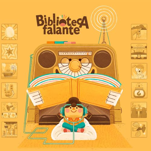 Rádio de desenho animado com livro aberto e menina usando fones de ouvido ouvindo