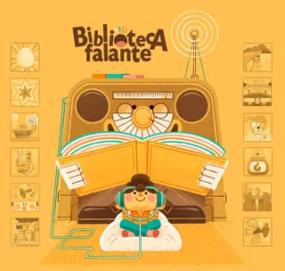 Cartoon radio with open book and girl wearing headphones listening