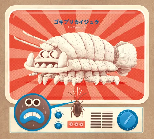 Cartoon cockroach creature displayed on a retro television screen with Japanese text.