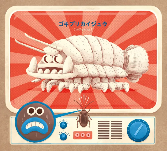 Cartoon cockroach creature displayed on a retro television screen with Japanese text.
