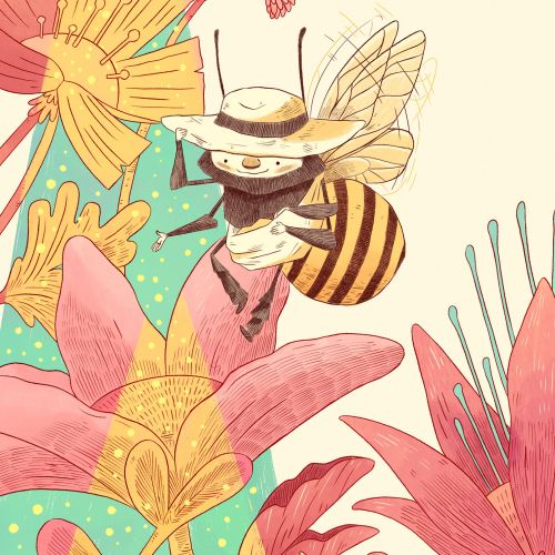 Bee with a hat flying among large colorful flowers and butterflies