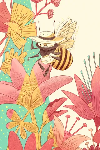 Bee with a hat flying among large colorful flowers and butterflies