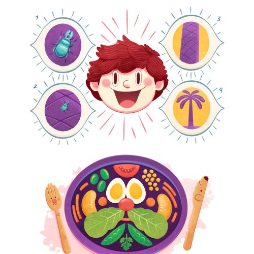Cartoon person with healthy meal and nutrient icons like eggs and vegetables