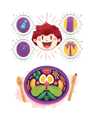Cartoon person with healthy meal and nutrient icons like eggs and vegetables