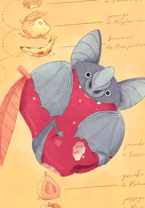 Drawing of a bat holding a red apple with handwritten annotations
