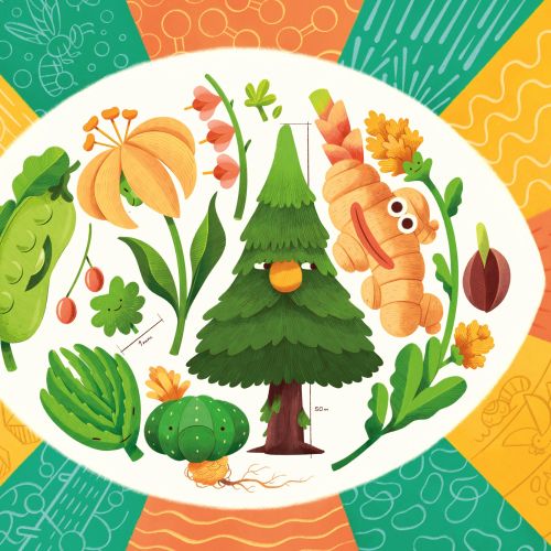 Illustration of a pine tree with various colorful plants and fruits around it