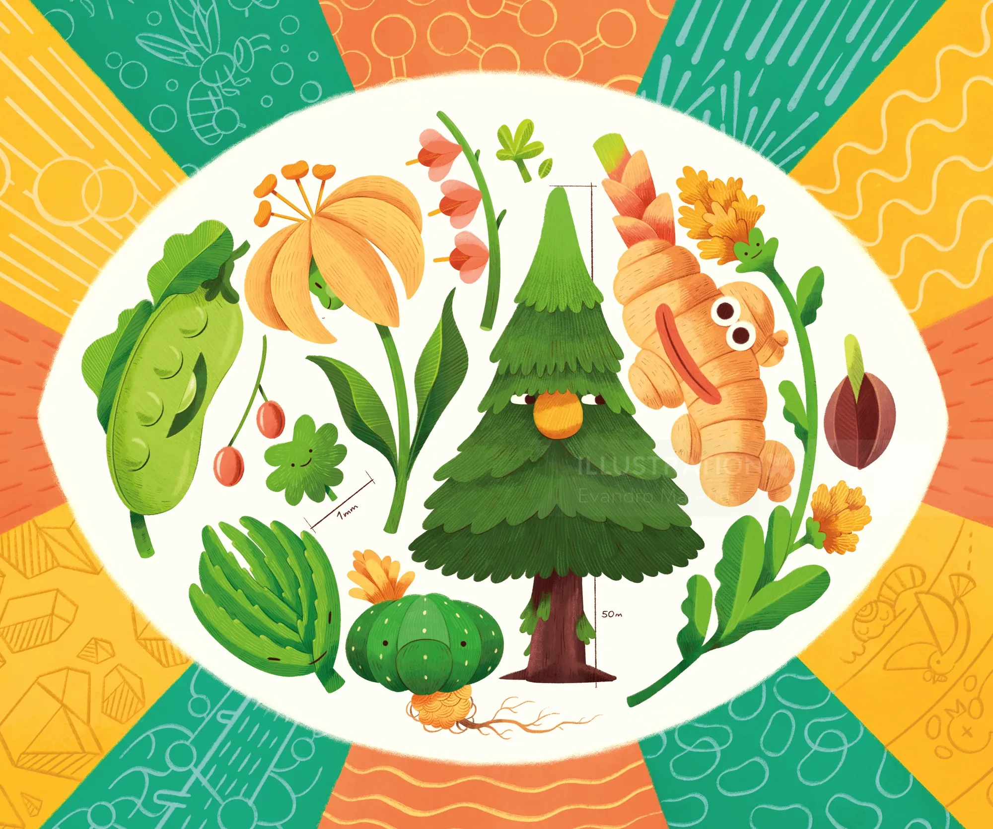 Illustration of a pine tree with various colorful plants and fruits around it