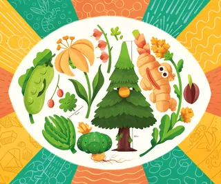 Illustration of a pine tree with various colorful plants and fruits around it