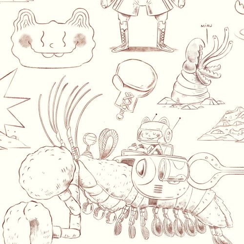 Hand-drawn sketches of mechanical creatures and abstract designs.