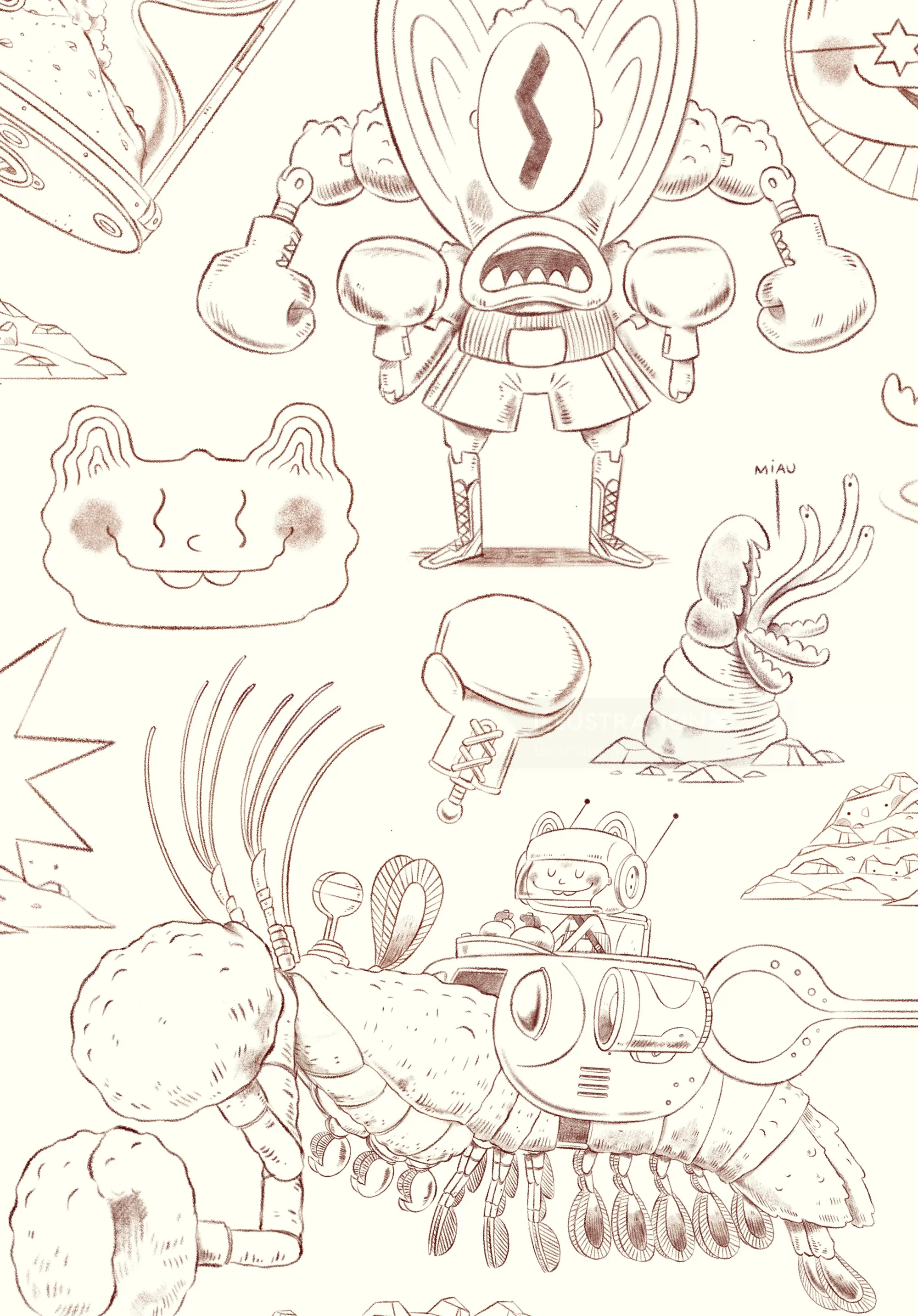 Hand-drawn sketches of mechanical creatures and abstract designs.