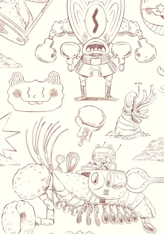 Hand-drawn sketches of mechanical creatures and abstract designs.