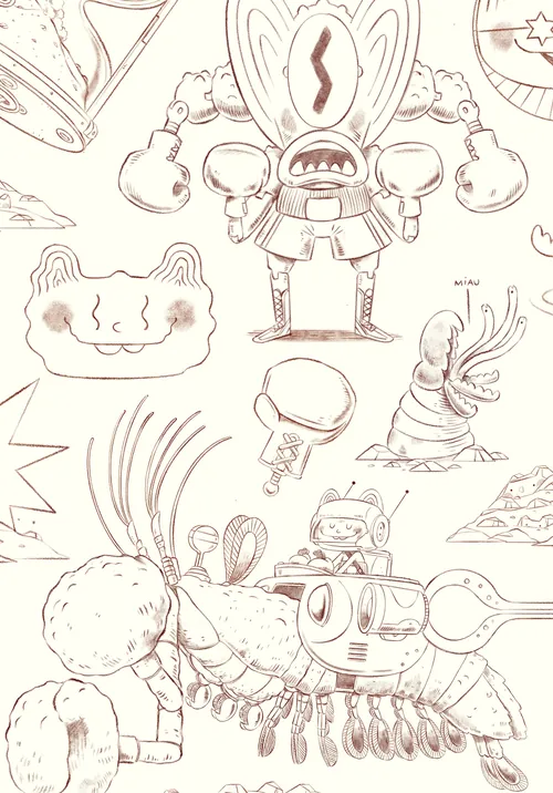 Hand-drawn sketches of mechanical creatures and abstract designs.