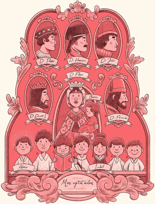 Royal family tree with king, queen, and children portraits in red frame