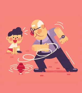 Grandfather spinning a top toy with grandson watching happily