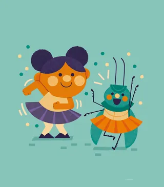 Girl dancing with a happy grasshopper wearing an orange skirt