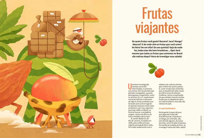 Traveling mango and fruits on a boat with cargo and umbrella