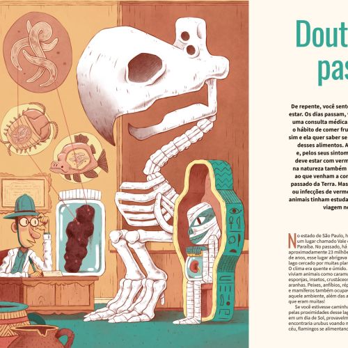Museum exhibit with prehistoric skeletons and fossils illustration.