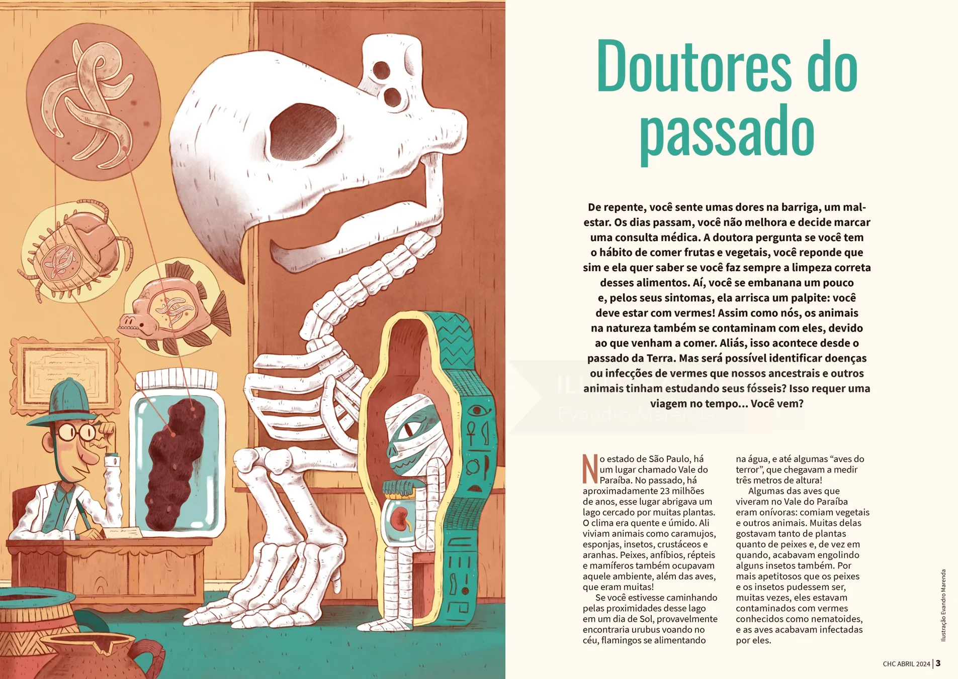 Museum exhibit with prehistoric skeletons and fossils illustration.