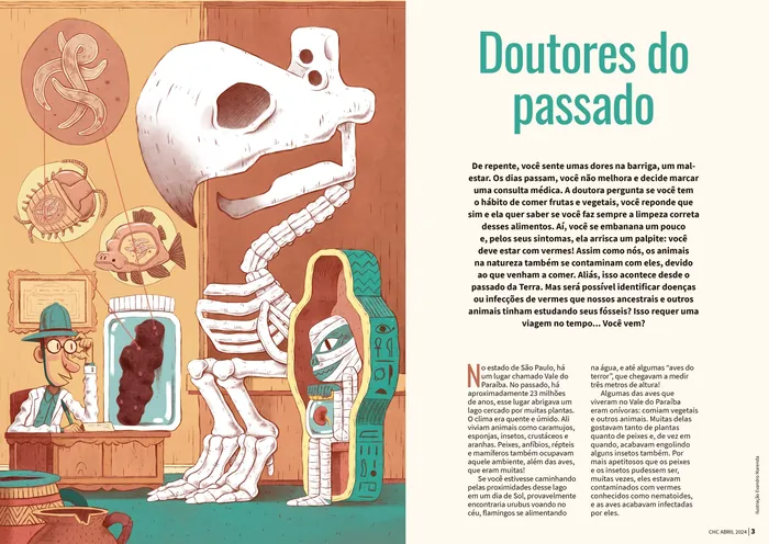 Museum exhibit with prehistoric skeletons and fossils illustration.