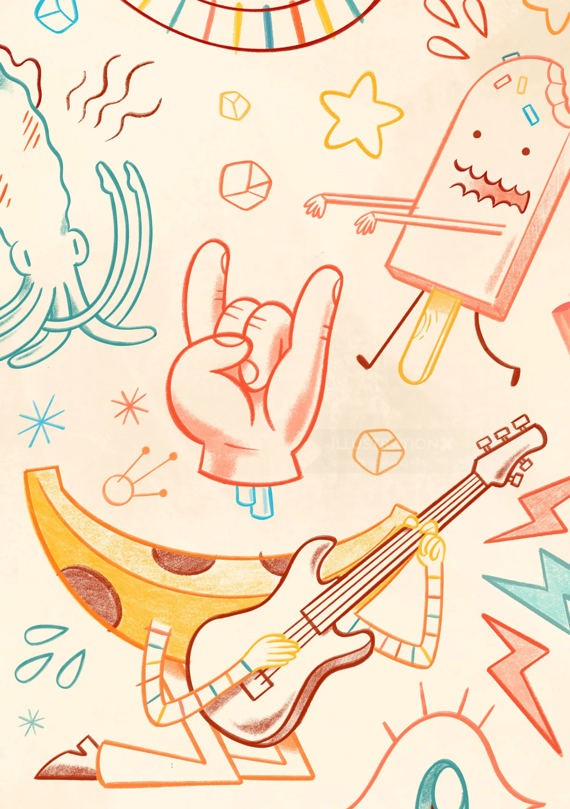 Doodles of cartoon popsicle, guitar, hand sign, and banana character