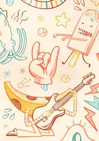 Doodles of cartoon popsicle, guitar, hand sign, and banana character