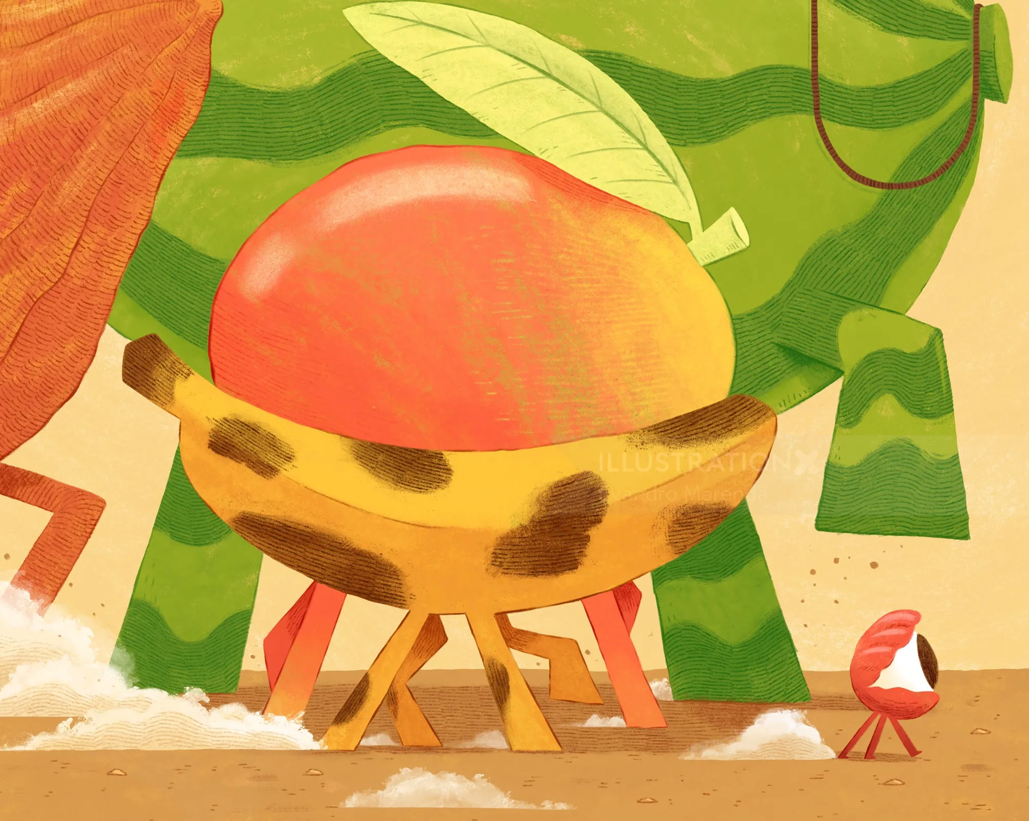 Cartoon banana with legs in front of large round fruit and green leaves
