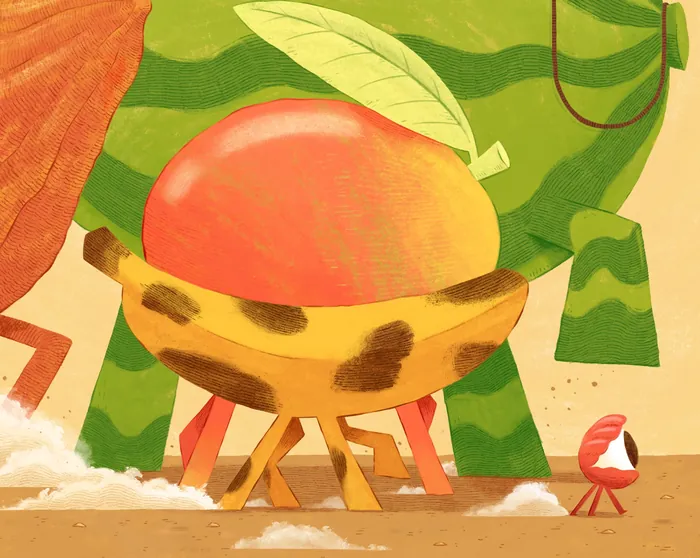 Cartoon banana with legs in front of large round fruit and green leaves