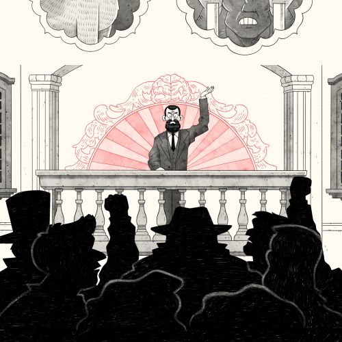 Courtroom illustration with lawyer speaking and witnesses shown above