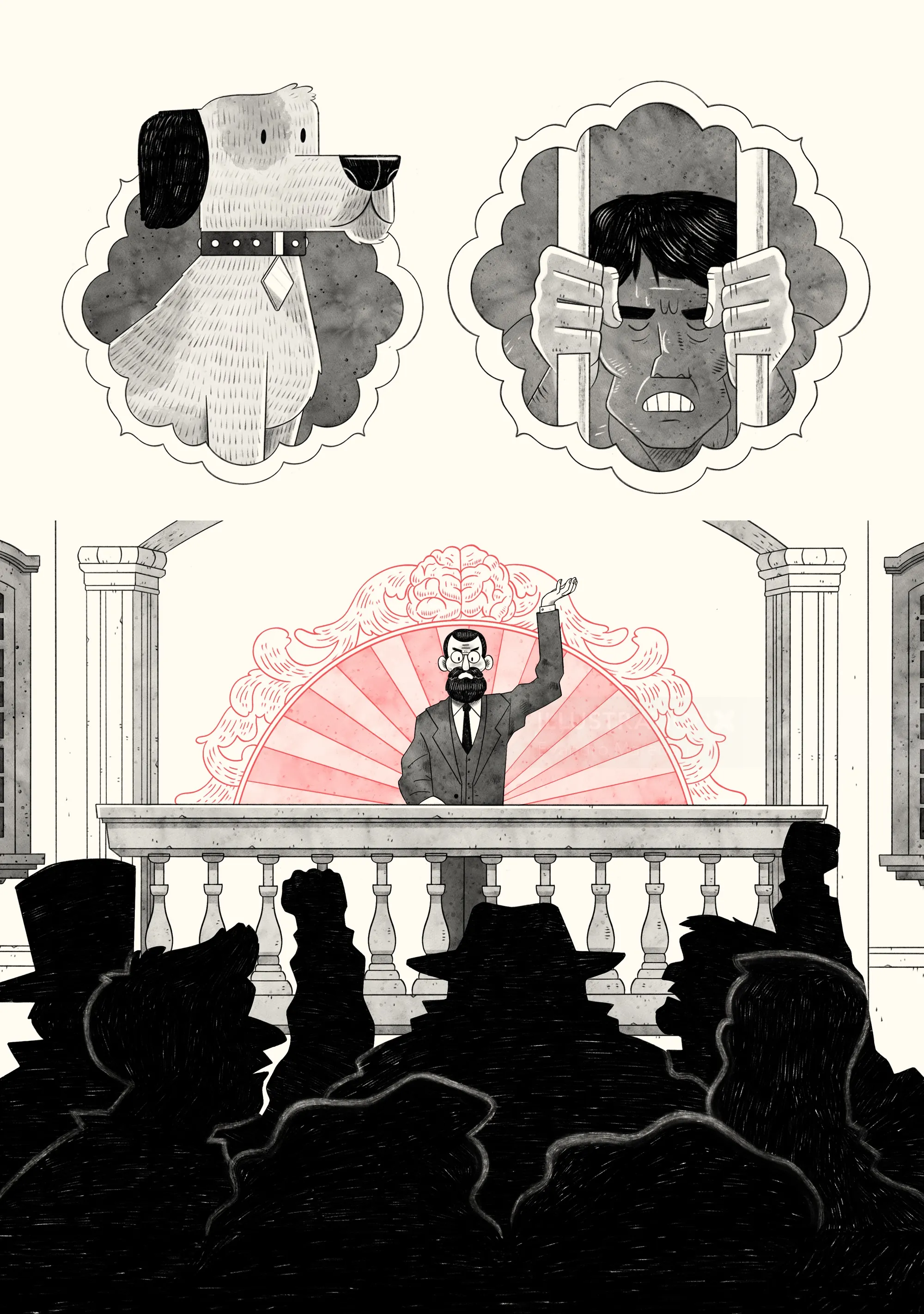 Courtroom illustration with lawyer speaking and witnesses shown above
