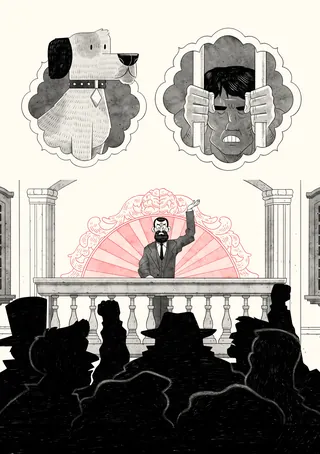 Courtroom illustration with lawyer speaking and witnesses shown above