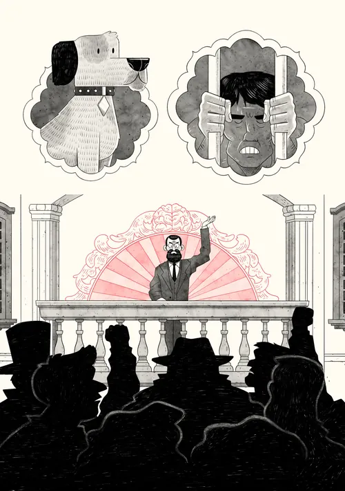 Courtroom illustration with lawyer speaking and witnesses shown above