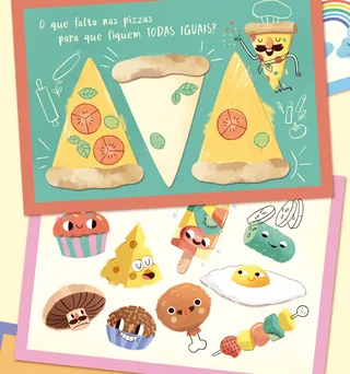 Colorful pizza slices and smiling animated food characters illustration.