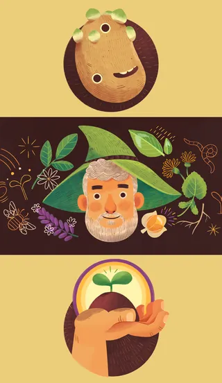 Illustration of gardener with green hat, plants, and sprouting seed in hand