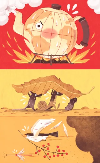 Cartoon kettle boiling, ants carrying leaf, and bird near cliff edge.